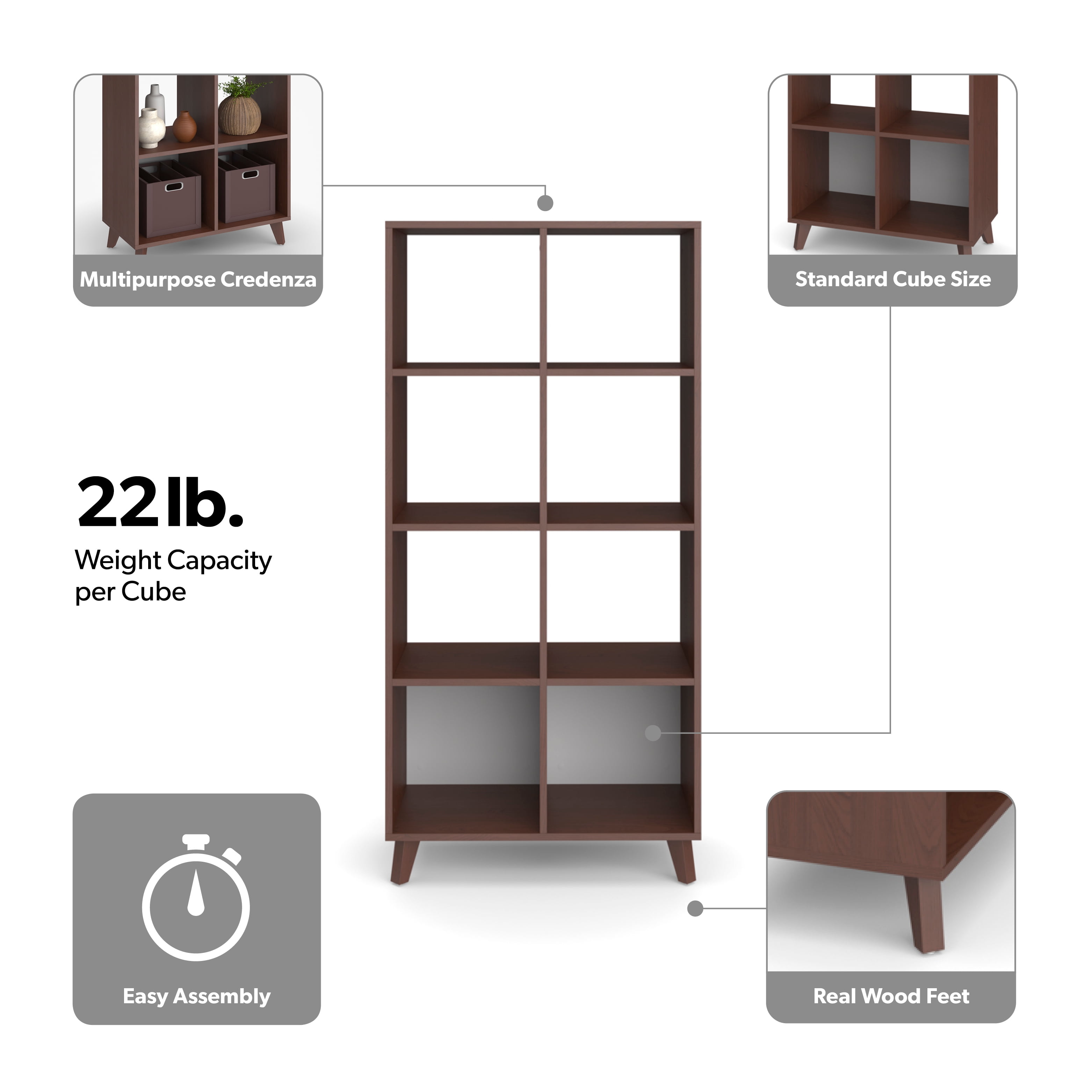 HON Basyx Commercial-Grade 66" High Modern Cube Bookcase, Real Wood Feet, Walnut (BSXCUBETMWMW)