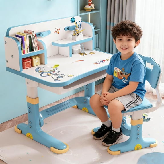 Floseru Kids Desk Functional & Adjustable Chair Set, Height Adjustable Children School Study Table Chair Set with Cartoon Pattern, Storage, Drawers, Bookshelf, Kids Desk Table