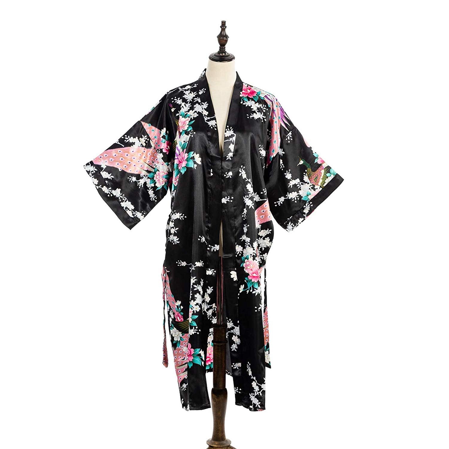 Peacock print satin kimono cheap robe