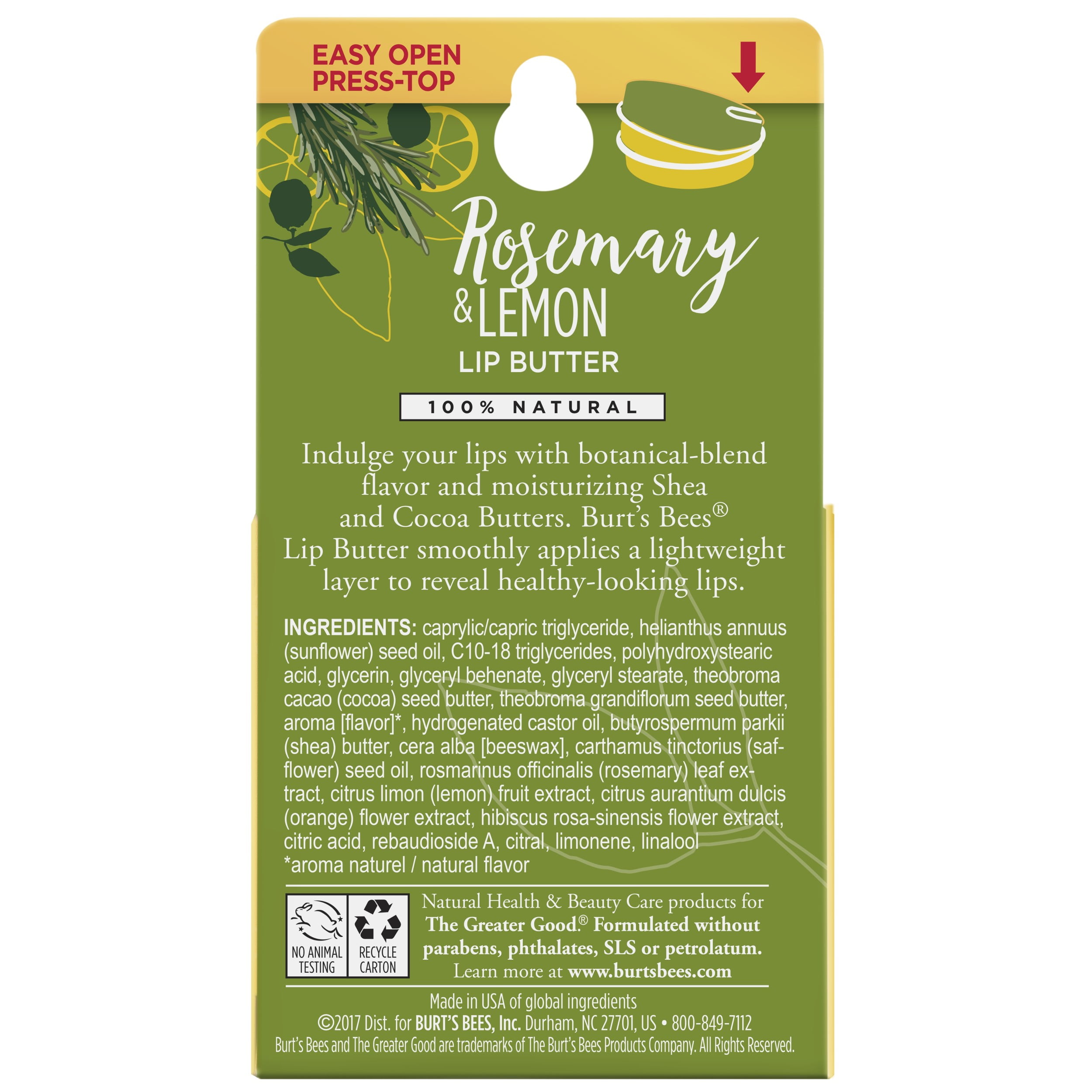 Burts Bees 100% Natural Lip Butter, Rosemary & Lemon, 1 Count