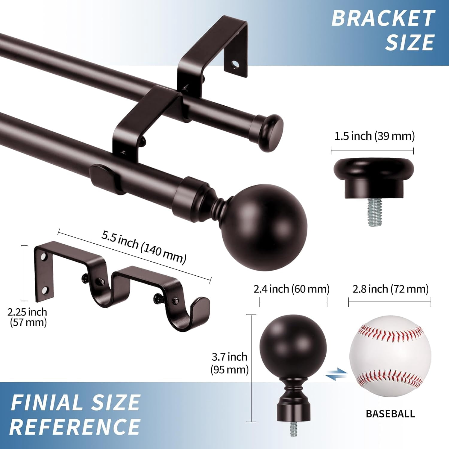Urbanest Adjustable Double Curtain Rod Set Steel Ball Flat Button Finials – 1″ Front & 5/8 Back Rod With Bronze Rod, 84–120 Inches