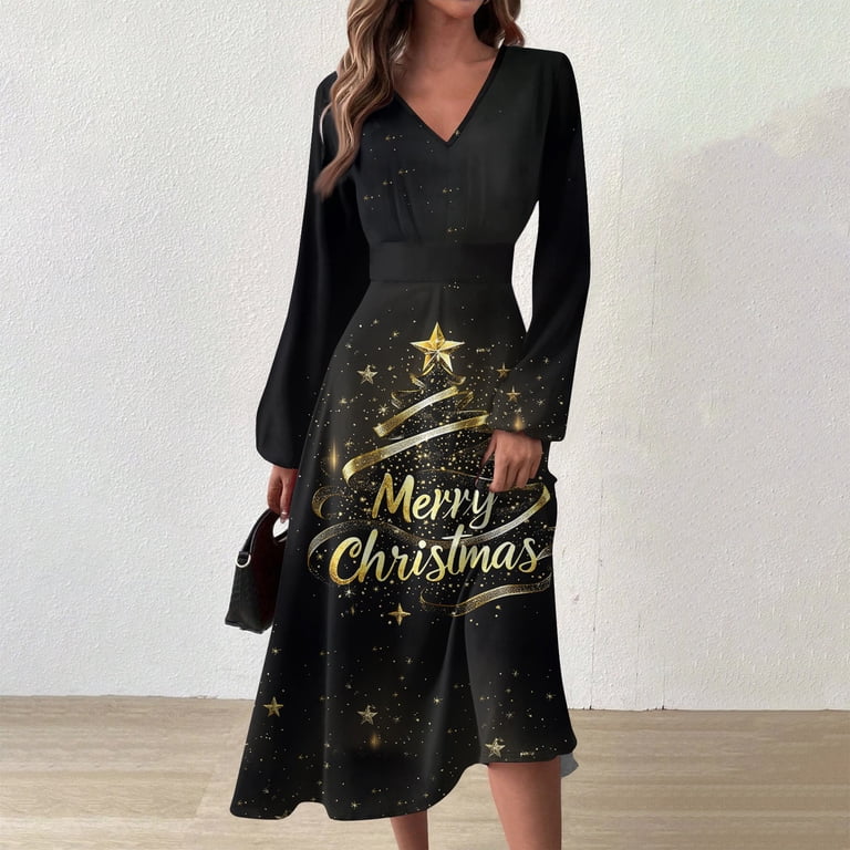 casual winter dress design Women's V-Neck Long Sleeve Print Long with Christmas Tree Snowman Snowflake AI Design, Fashion Fall and Dress for Holiday Parties and Everyday,Dark Gray,L Zolique Split Thigh Tube yr21 DETAIL Made from soft Size:22 Petite Curve