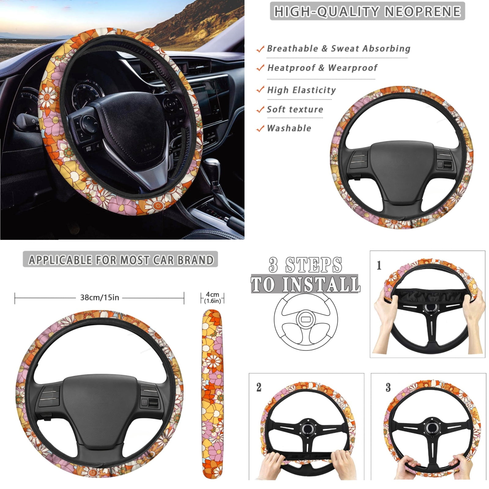FORUDESIGNS Hippie Daisy Print 10 Pack Car Accessories Sets Scratch-Resistan Front Rear Seat Covers Car Trash Can Air Vent Pouch Steering Wheel Cover Cup Coasters Keychain for Vehicle SUV Truck