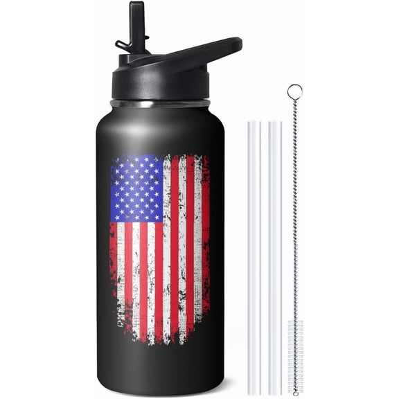 32oz American Flag Water Bottle with Straw - Stainless Steel Insulated Tumbler for Gym, Hiking, Sports - Patriotic Military Gift for Veterans & Police