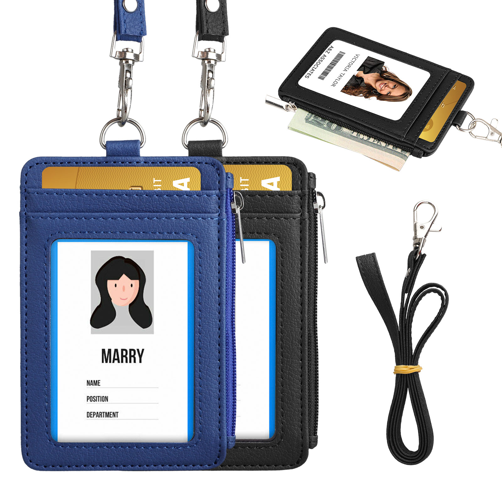 Badge Holder with Zipper, Slim PU Leather ID Badge Holder Card Wallet