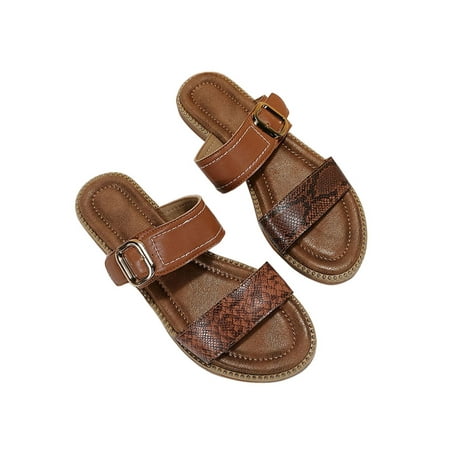 

Daeful Women s Flat Sandals Summer Slides Slip On Beach Sandal Street Fashion Comfort Open Toe Casual Shoes Brown 5.5