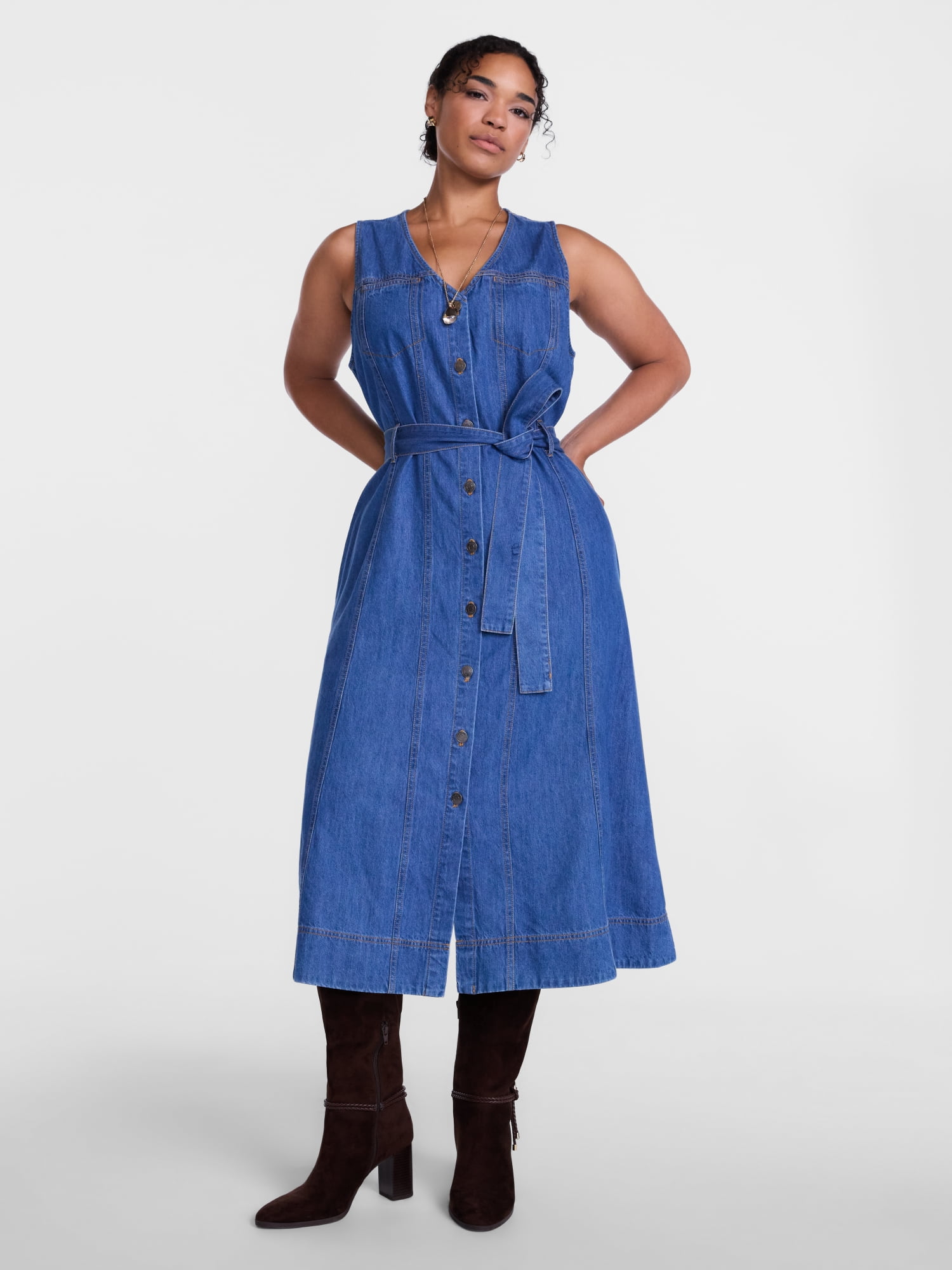 Scenario Women's and Women's Plus Sleeveless Denim Midi Dress, Sizes XS-4X