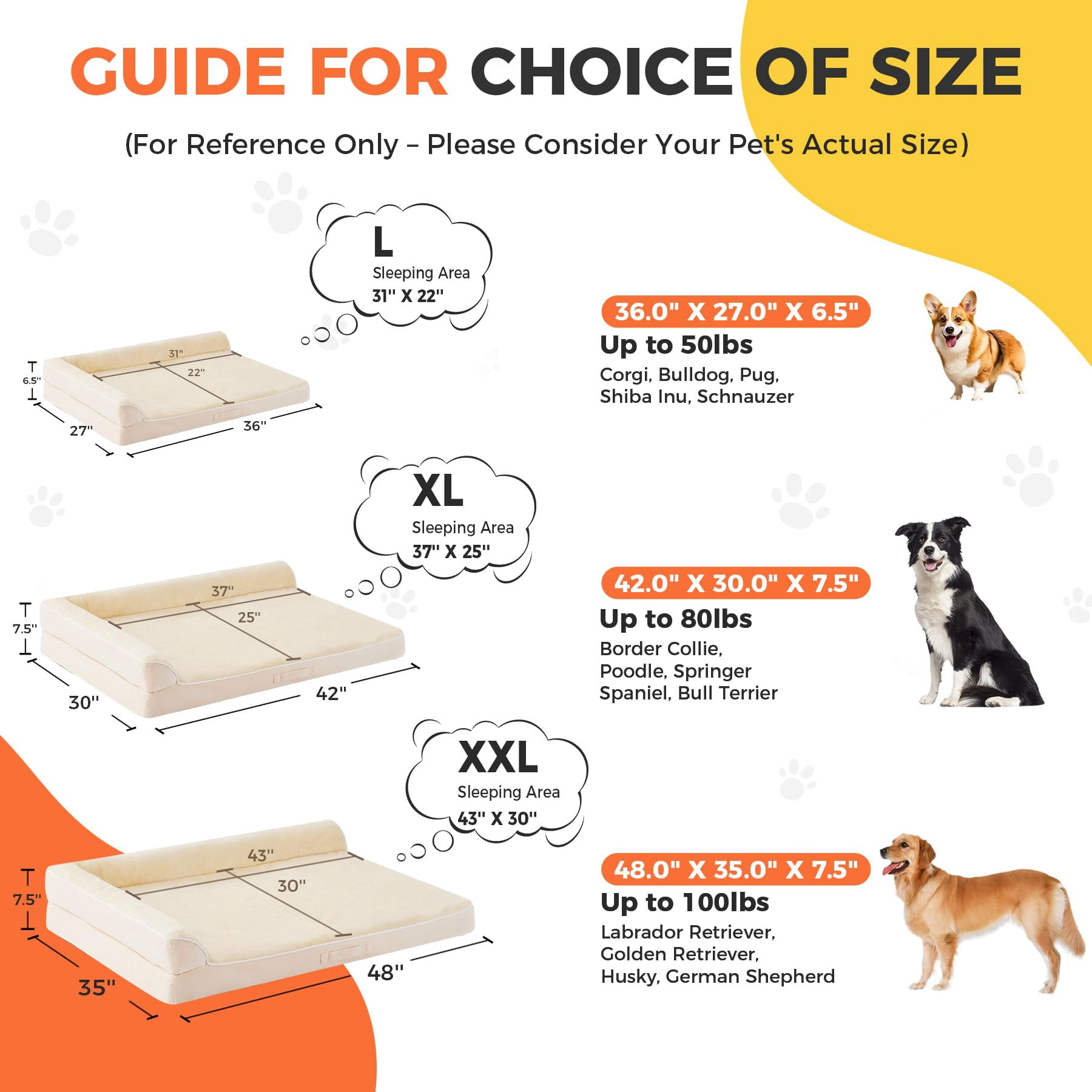 Dog Bed Large Sized Dogs  For Waterproof Pet With Washable Removable Cover L-shaped Couch Portable Handle 36"x27"x6.5" Beige
