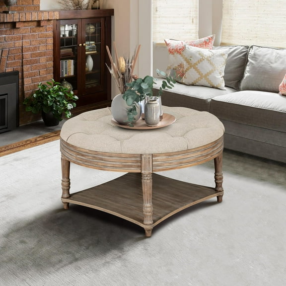 Hassch 2-Tier Ottoman Coffee Table - 31.49 inch Oversized Round Ottoman with Storage Shelf, Flip up Top, Wood Legs, Farmhouse Upholstered Tufted Ottoman Footrest for Living Room Bedroom, Gray Khaki