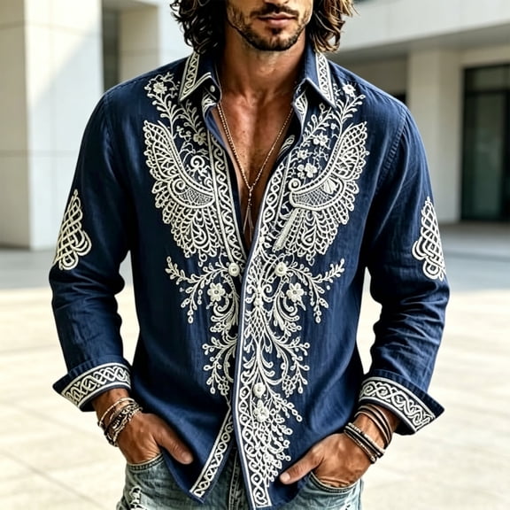 EANJE Men's Long Sleeve Button Down Shirts Vintage Boho Floral Embroidery Shirt Bohemian Loose Collared Casual Beach Shirts for Daily Wear Navy M