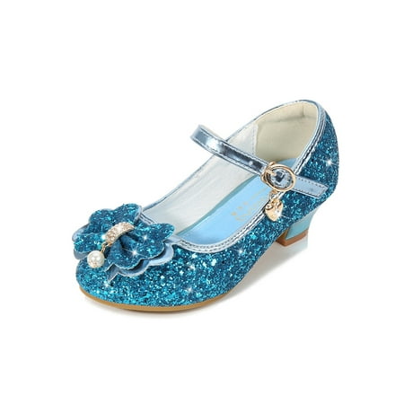 

Rotosw Girls Princess Shoes Round Toe Mary Jane Glitter Heels Sandals Comfort Low Heel Dress Pumps Wedding Lightweight Dance Shoe Blue 2.5Y