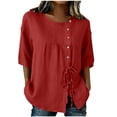 thumbnail image 2 of Mifsaly Vacation Tops for Women Button Down Short Sleeve Linen Shirts with Drawstring Hem Lightweight Flowy Loose Fit Textured Summer Boho Clothes Red,L, 2 of 7