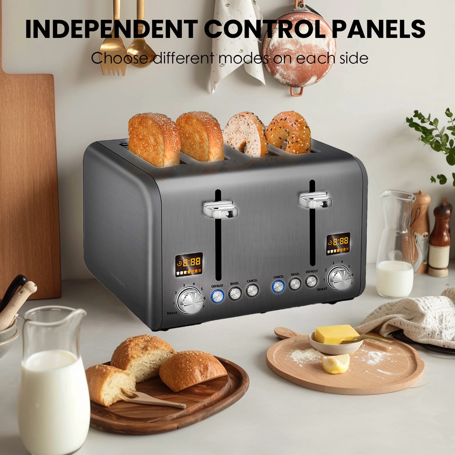 SEEDEEM 4 Slice Stainless Toaster with LCD Display, 7 Shade Settings, Wide Slots, Bagel/Defrost/Reheat Functions, Removable Crumb Tray, 1800W