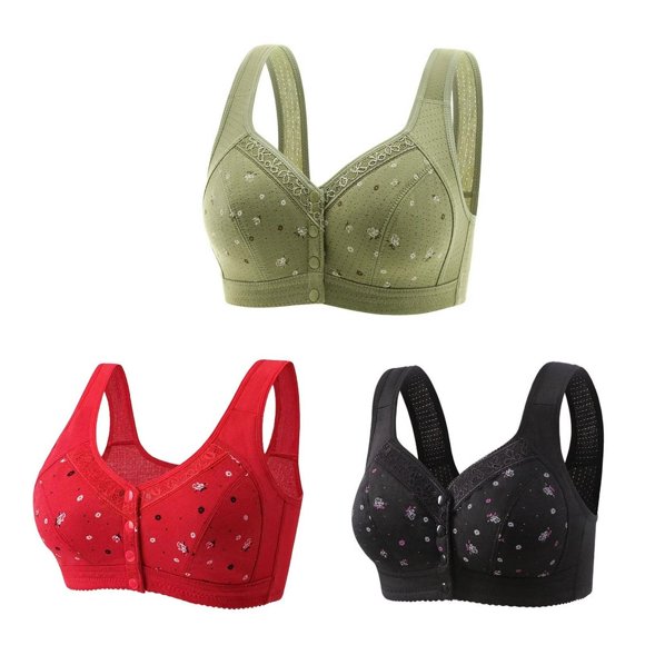 CHOK Prime Deals 3 Pack Daisy Bras for Older Women Front Closure Convenient Snap Button Cotton Bras  Underwire Comfort Everyday Bras Green XL