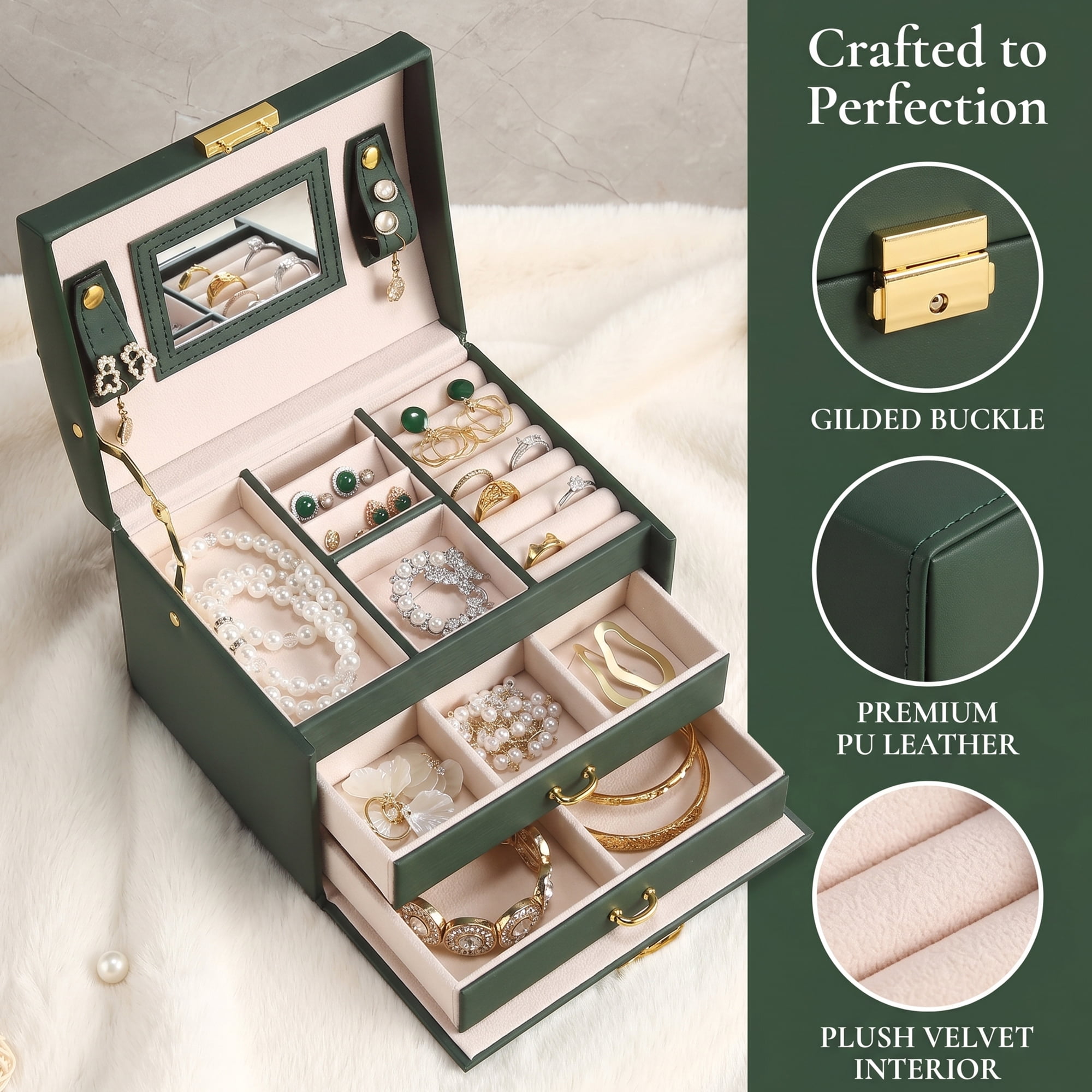 Unique Bargains 3 Layer Jewelry Box with Mirror Birthday Gifts Green