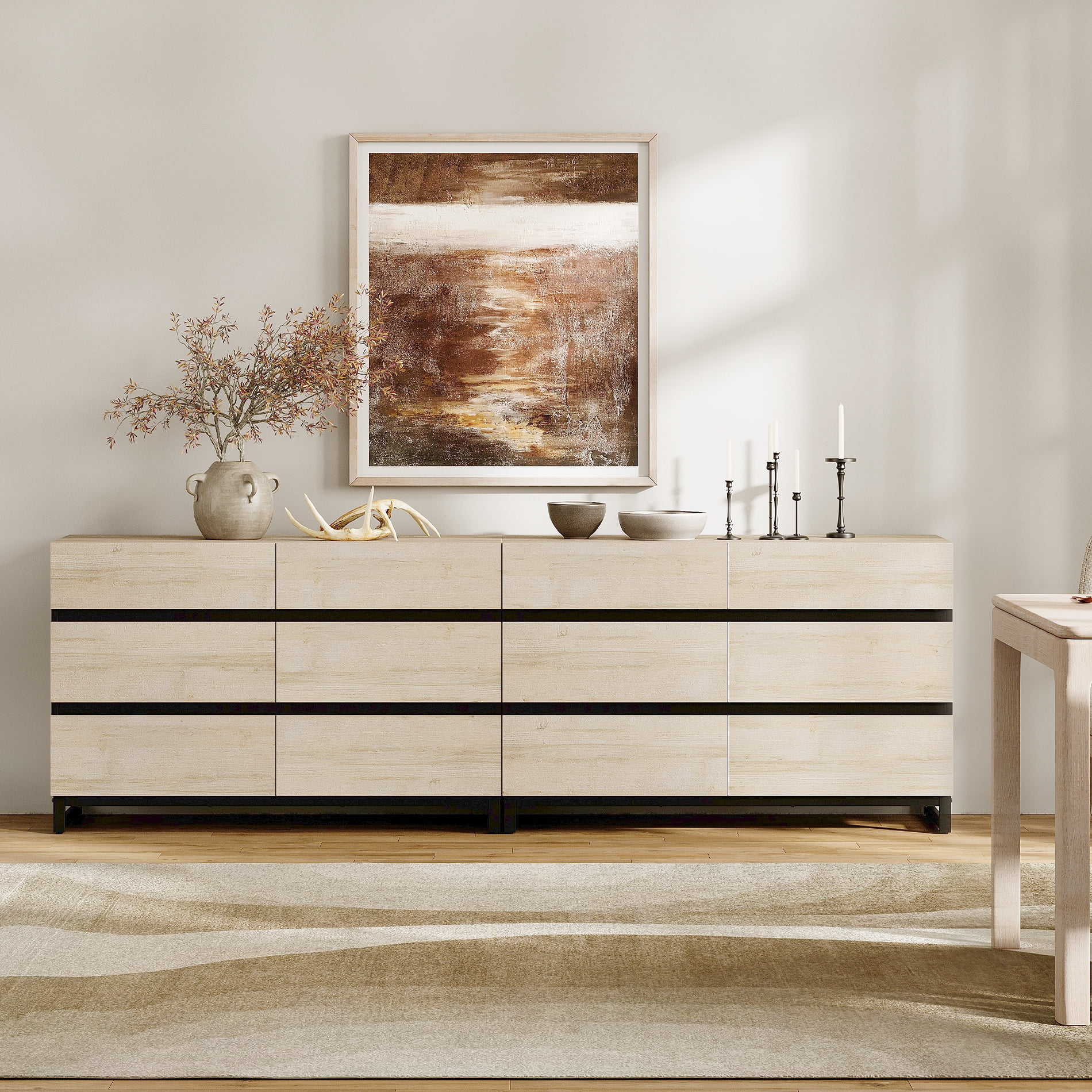 WAMPAT 12-Drawer Buffet Sideboard, Modern Large-Capacity Coffee Bar Cabinet with Smooth-Glide Drawers and Metal Base, Wooden Storage Organizer for Home, Beige
