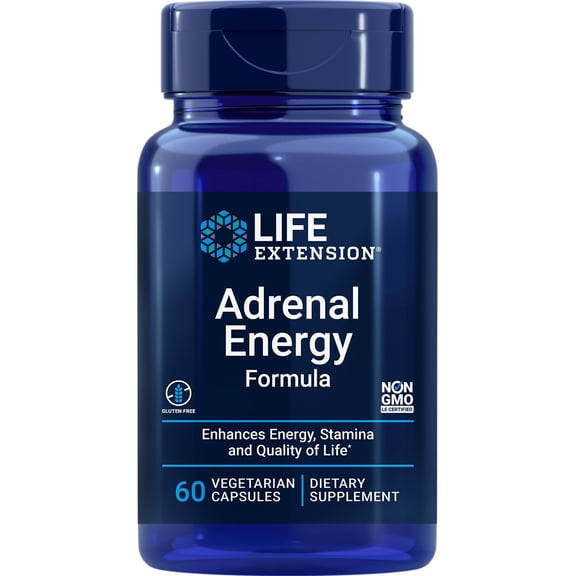 Life Extension Adrenal Energy Formula, help inhibit the effects of stress, holy basil, cordyceps, bacopa and ashwagandha, gluten free, non-GMO, vegetarian, 60 capsules