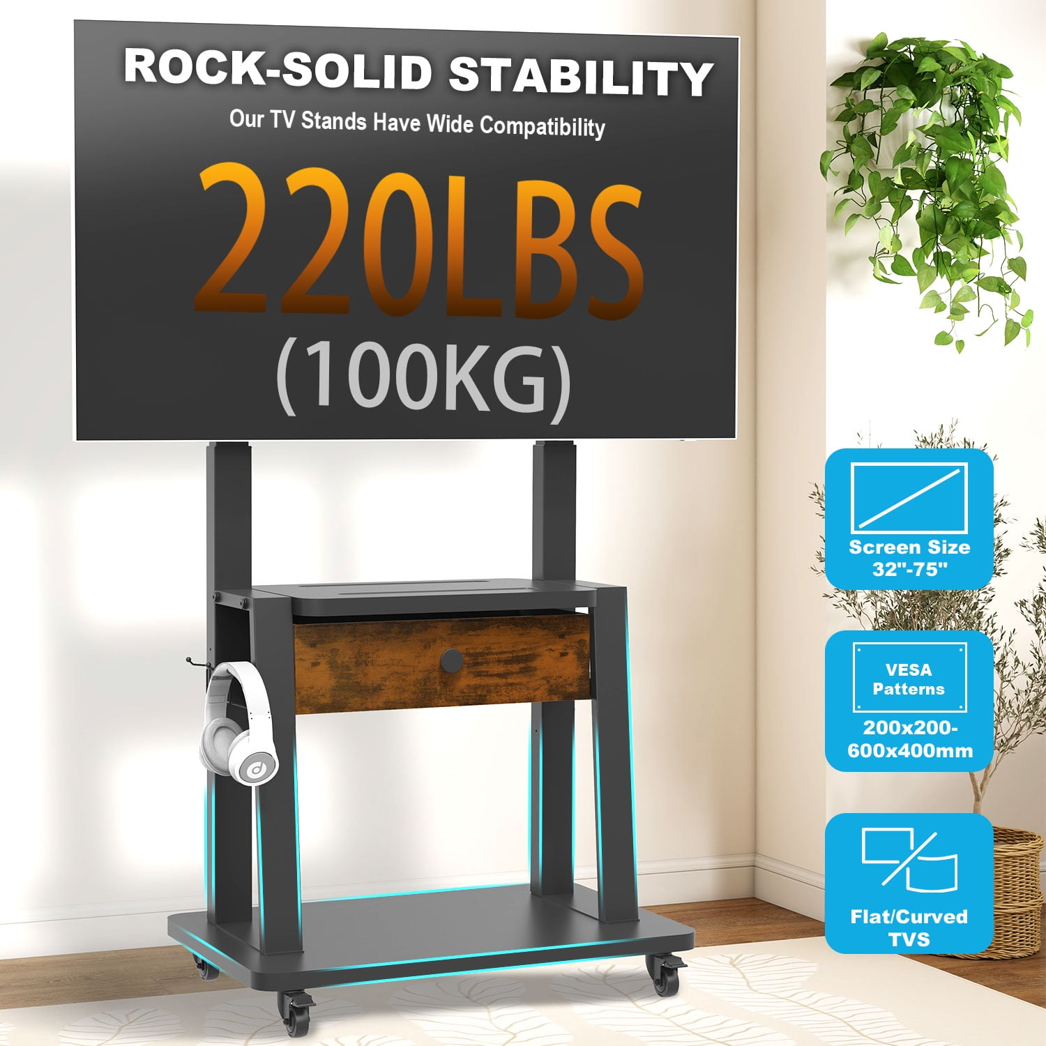 Hellsehen Rolling TV Stand with Fabric Drawers for 32-75 inch Flat Curved Screens up to 220lbs Adjustable Height