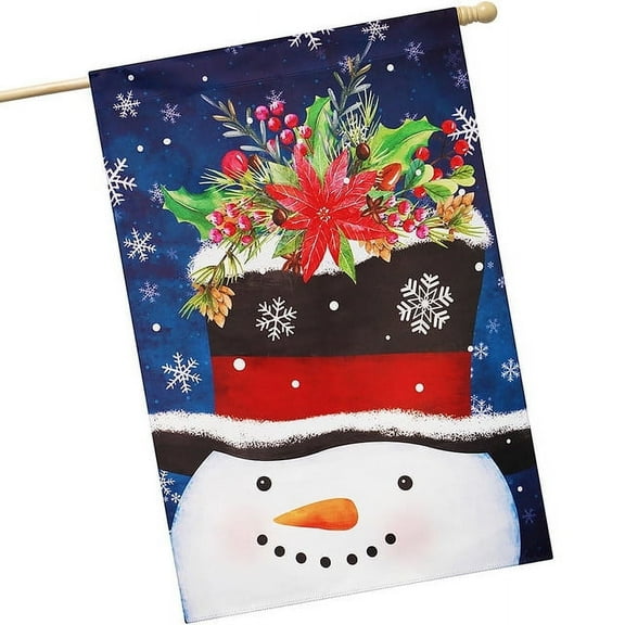 G128-28"x40" Double-Sided Christmas Decoration House Flag | Snowman with Festive Evergreen Top Hat