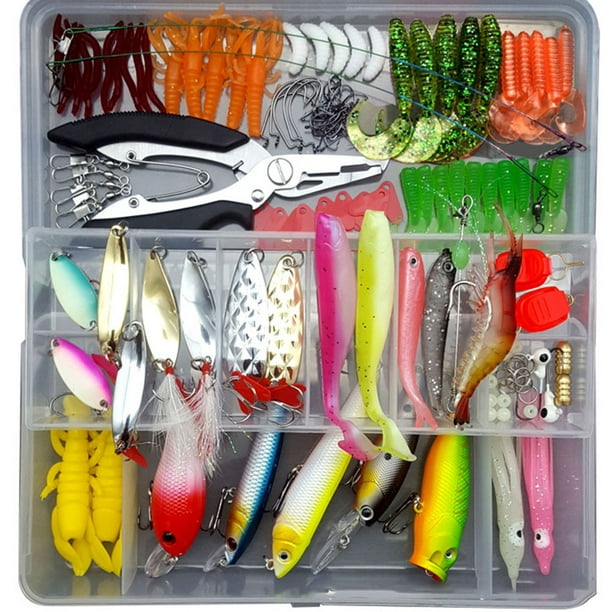 Leadingstar 75pcs/94pcs/122pcs/142pcs Fishing Lures Set Spoon Hooks Minnow Pilers Hard Lure Kit In Box Fishing Gear Accessories 75 Pieces (Random Colo