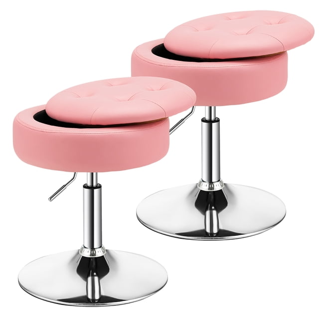Costway Set of 2 Adjustable Vanity Stool 360° Swivel Storage Makeup Chair with Tray Pink