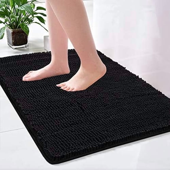 Bath Rugs 24'' x 36'' Bathroom Rug, Soft Luxury Chenille Bathroom Mats, Non-Slip and Absorbent Throw Rugs for Bath Tub, Plush Microfiber Shower Rug Machine Washable Floor Carpet, Black