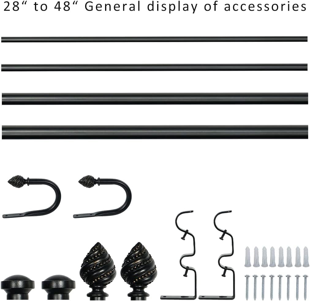 eTeckram 1" Double Curtain Rod with Valois Finials and holdbacks (28‘’-48‘’, Black gold)