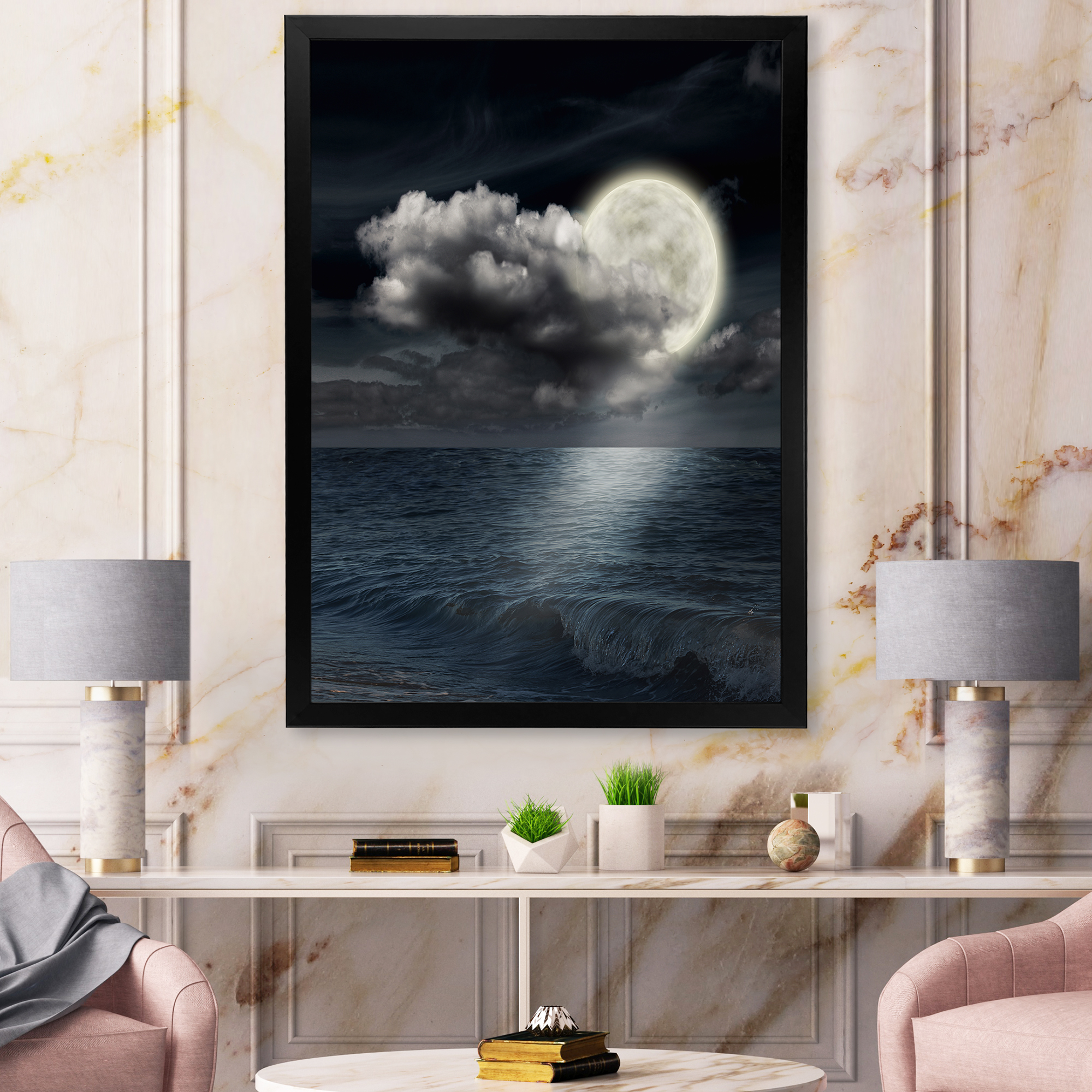Designart 'Full Moon Night in Cloudy Sky VI' Nautical & Coastal Framed Art Print