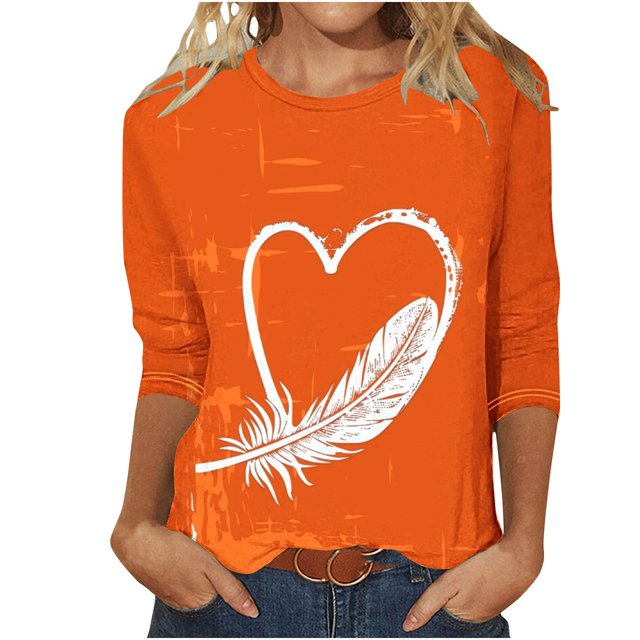 Dadaria Chemise Orange pour Femmes Manches 3/4 T-Shirt Col Rond Grande Taille Chandail d'Été m