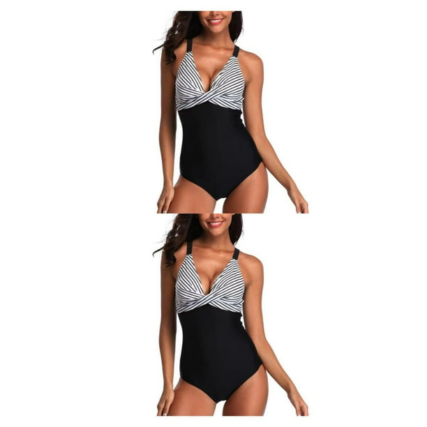 Naiovety Traje de bano a rayas para mujer traje de bano de 1 pieza con cuello en V trajes de bano sin espalda ropa de playa de verano para Type1 NO1
