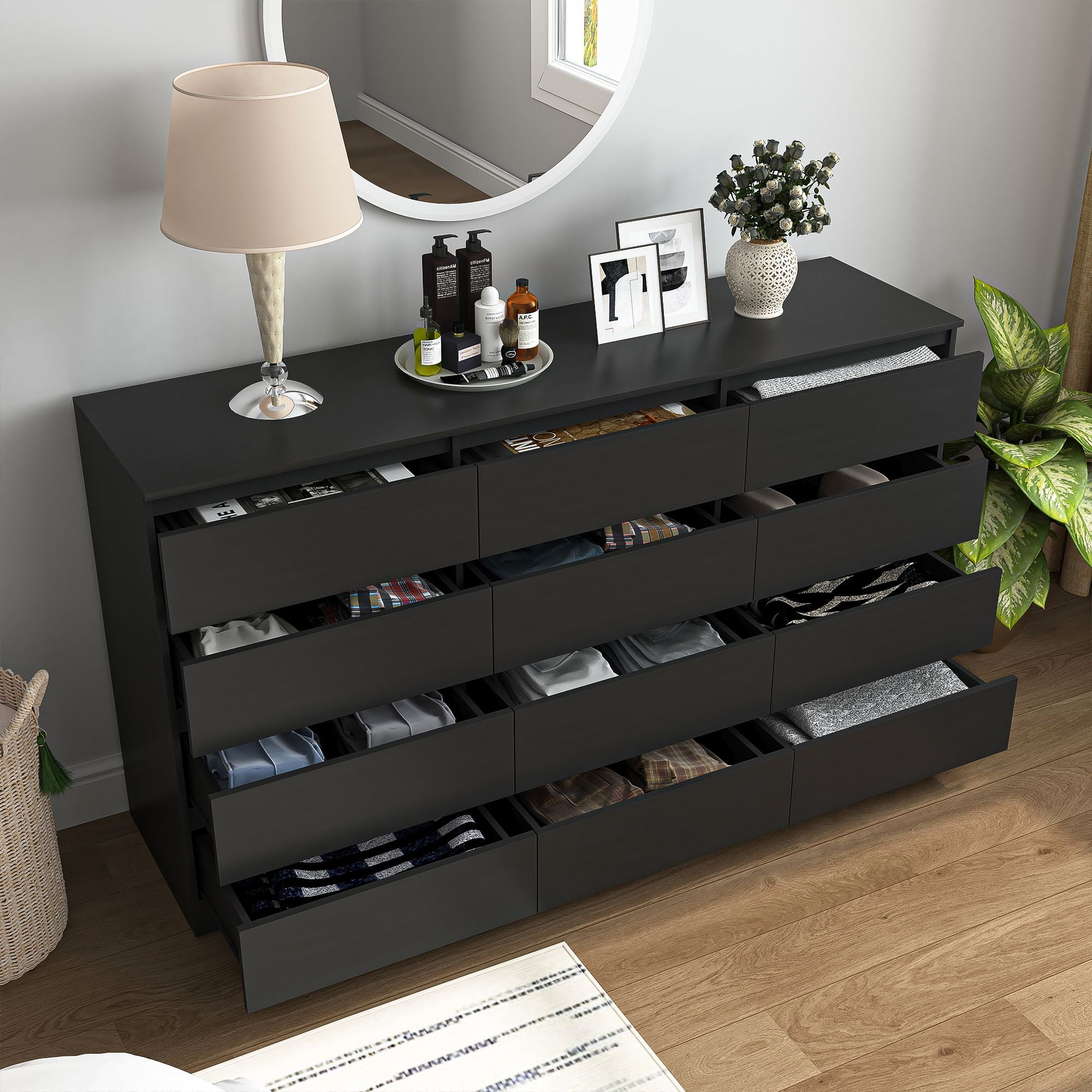 Finihen 12 Drawer Double Dresser, Modern 12 Chest of Drawers with Deep Drawers, Wide Storage Organizer Cabinet for Living Room, Kids, Black Finihen 12 Drawer Double Dresser, Modern 12 Chest of Drawers with Deep Drawers, Wide Storage Organizer Cabinet for Living Room, Kids, Black