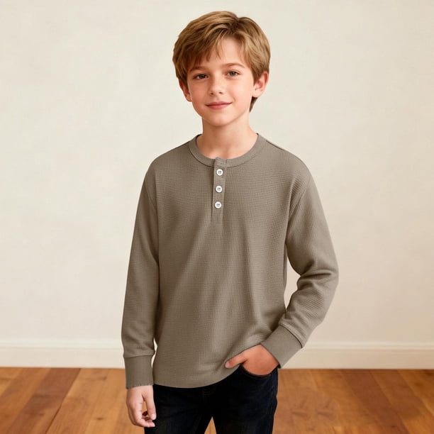 Camiseta de manga larga con cuello redondo para niño, informal, de color liso