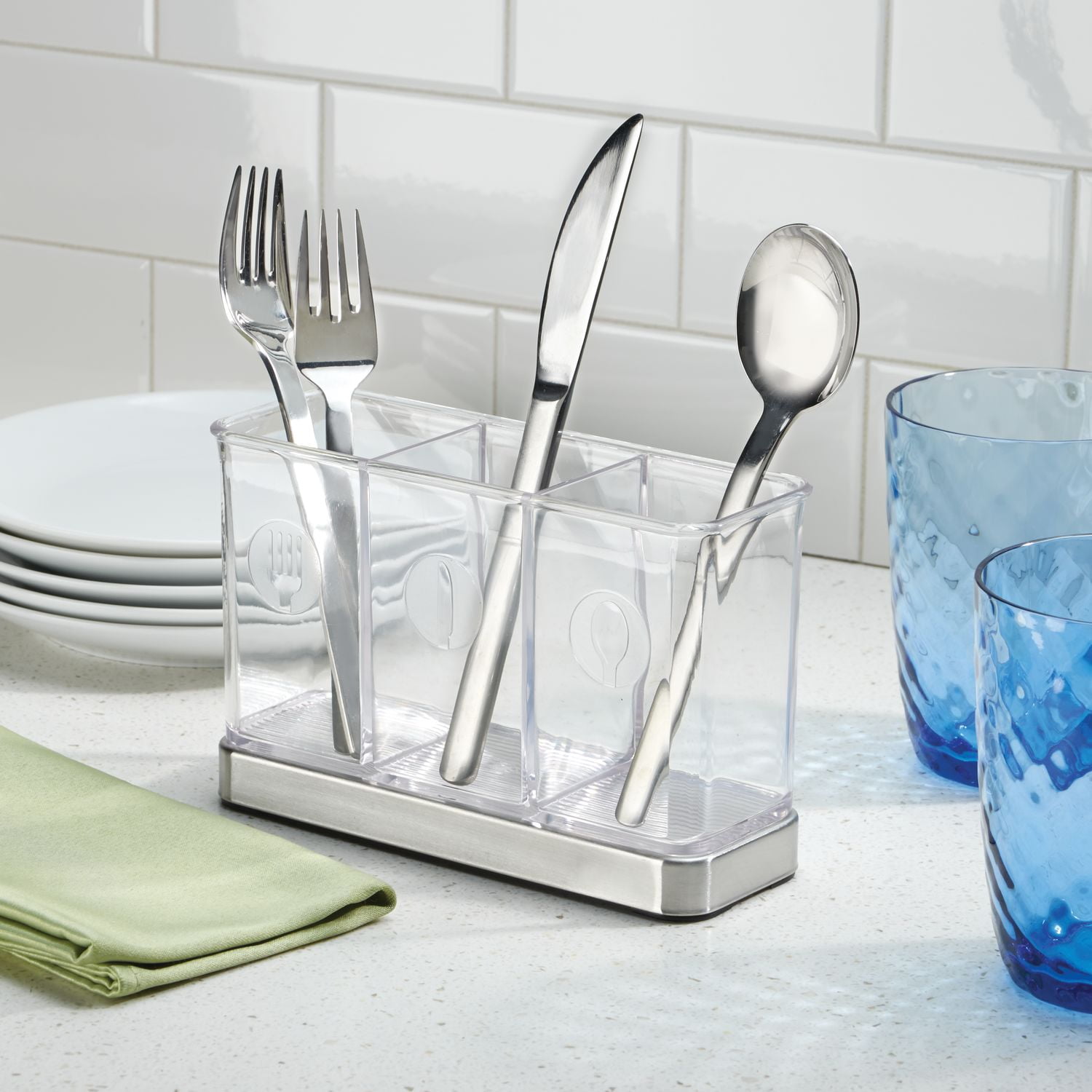 InterDesign Forma Utensil, Spatula, Silverware Holder for Kitchen Countertop Storage, Brushed Stainless Steel and Clear