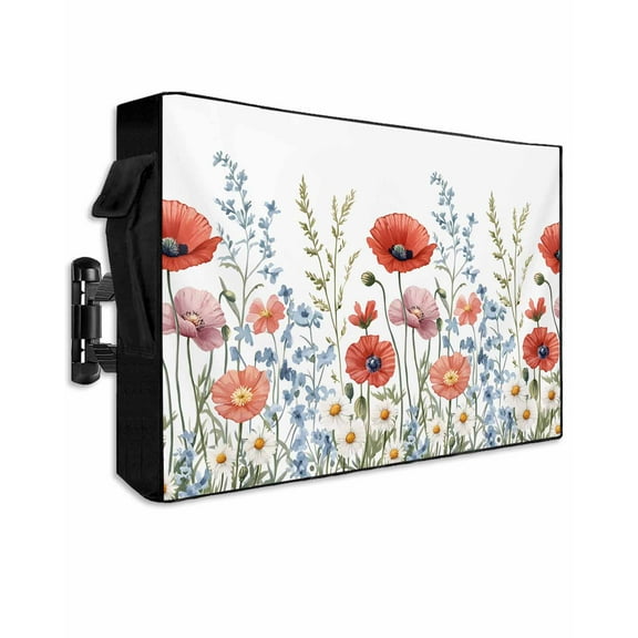 Red Flower Outdoor TV Cover 48 to 50 Inch Weatherproof, Botanical Blue Plant Pink Garden Poppy Floral 600D Oxford TV Covers with Waterproof Zipper, Outside Flat TV Screen Protector 48"Wx30"Hx4.5"D