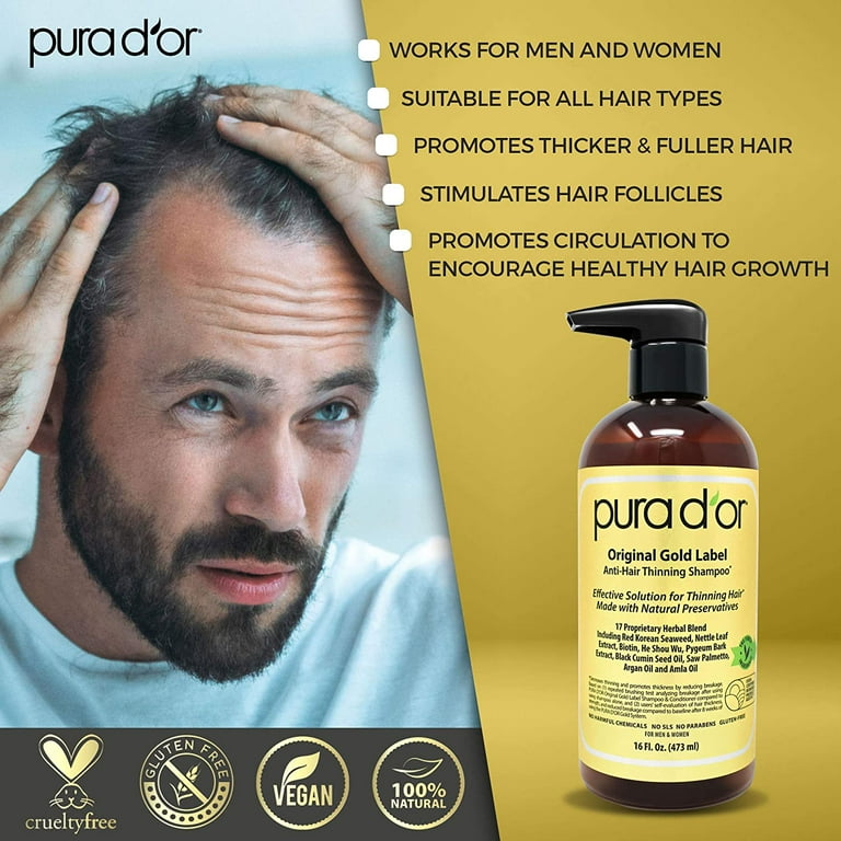 PURA D'OR Biotin Original Gold Label Anti-Thinning (16oz x 2) Shampoo &  Conditioner Set, Clinically Tested Effective Solution w/Herbal DHT