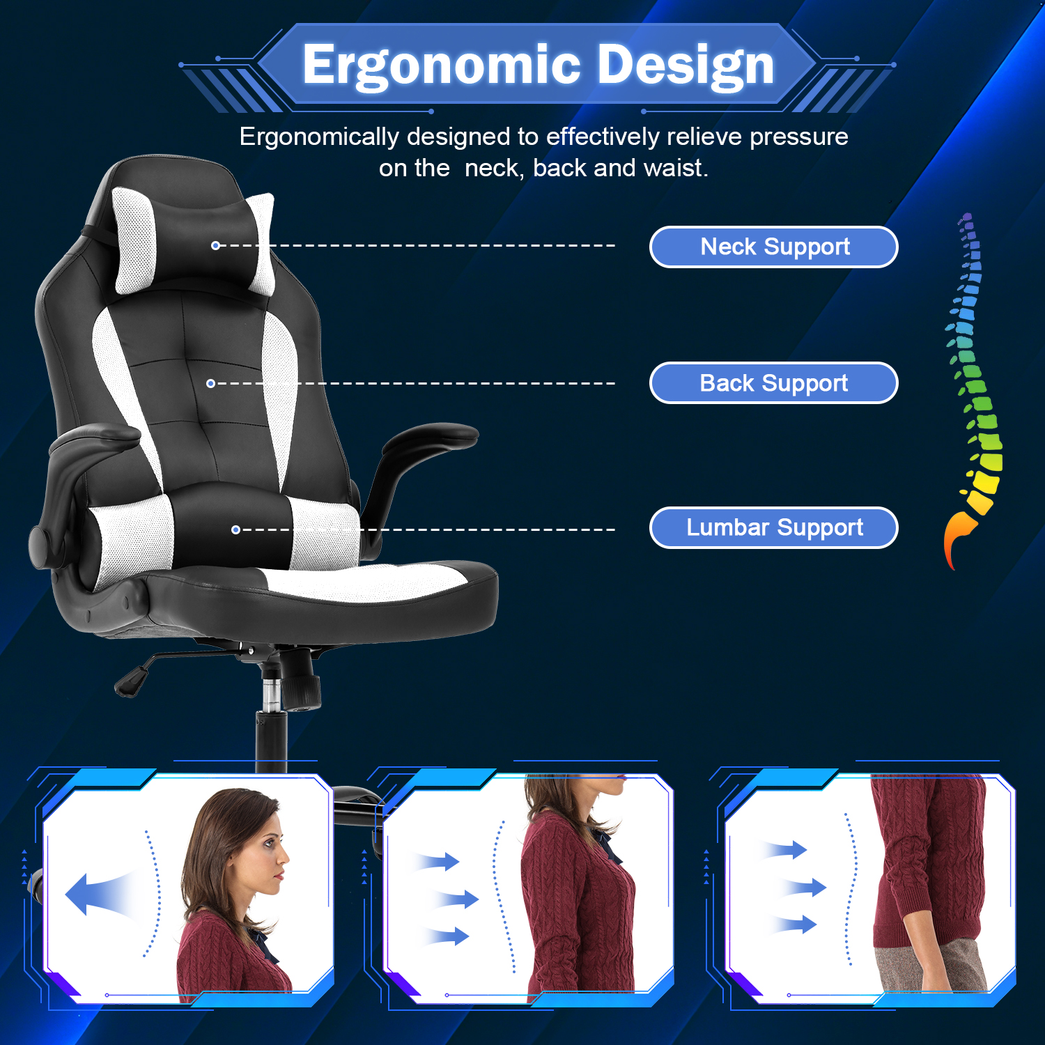 Video Game Chair High Back Gaming Chair PU Leather Racing Chair with Headrest Lumbar Support & Flip-up Arms , Adjustable Gamer Chair for Adults & Kids,White