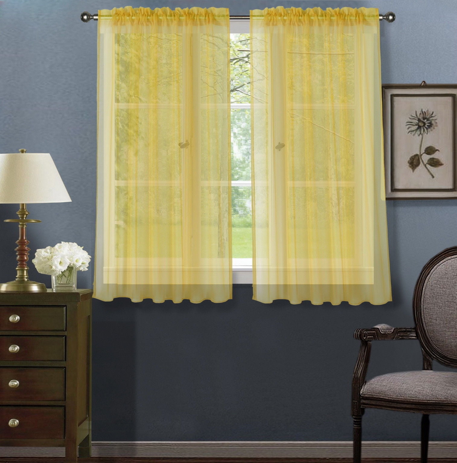 2pc Yellow Solid Sheer Voile Window Curtain Set, Two (2) Rod Pocket