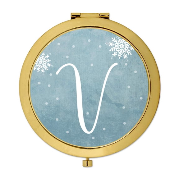 Koyal Wholesale Gold Compact Mirror Bridesmaid's Wedding Gift, Blue Winter Snowflakes, Monogram Letter V, 1-Pack