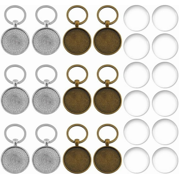 1 set 12 Sets 2 Colors Cabochon Keychain Kit Alloy Round Bezel Pendant 30mm Trays Charms with Glass Cabochon 6.1cm DIY Cabochon Keychain for Photo Resin Personalized Crafting