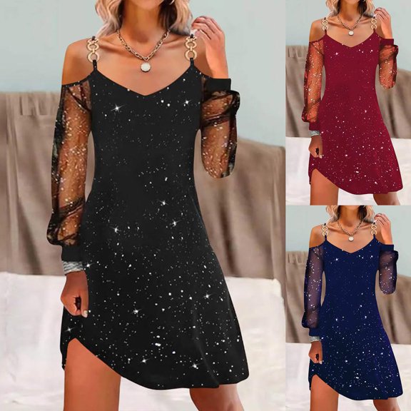 HAIJIE Women’s Glitter Cold Shoulder Dress, Sheer Mesh Long Sleeves, Chain Straps, V-Neck, Assorted Solid Colors (Black,L)