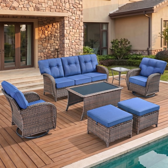 Bellefurn Luxury 7 Piece Wicker Outdoor Patio Furniture Sets with Swivel Rocker Patio Chairs,Sofa,Coffee Table and Ottomans,High Back Outdoor Conversation Set for Porch Balcony Deck