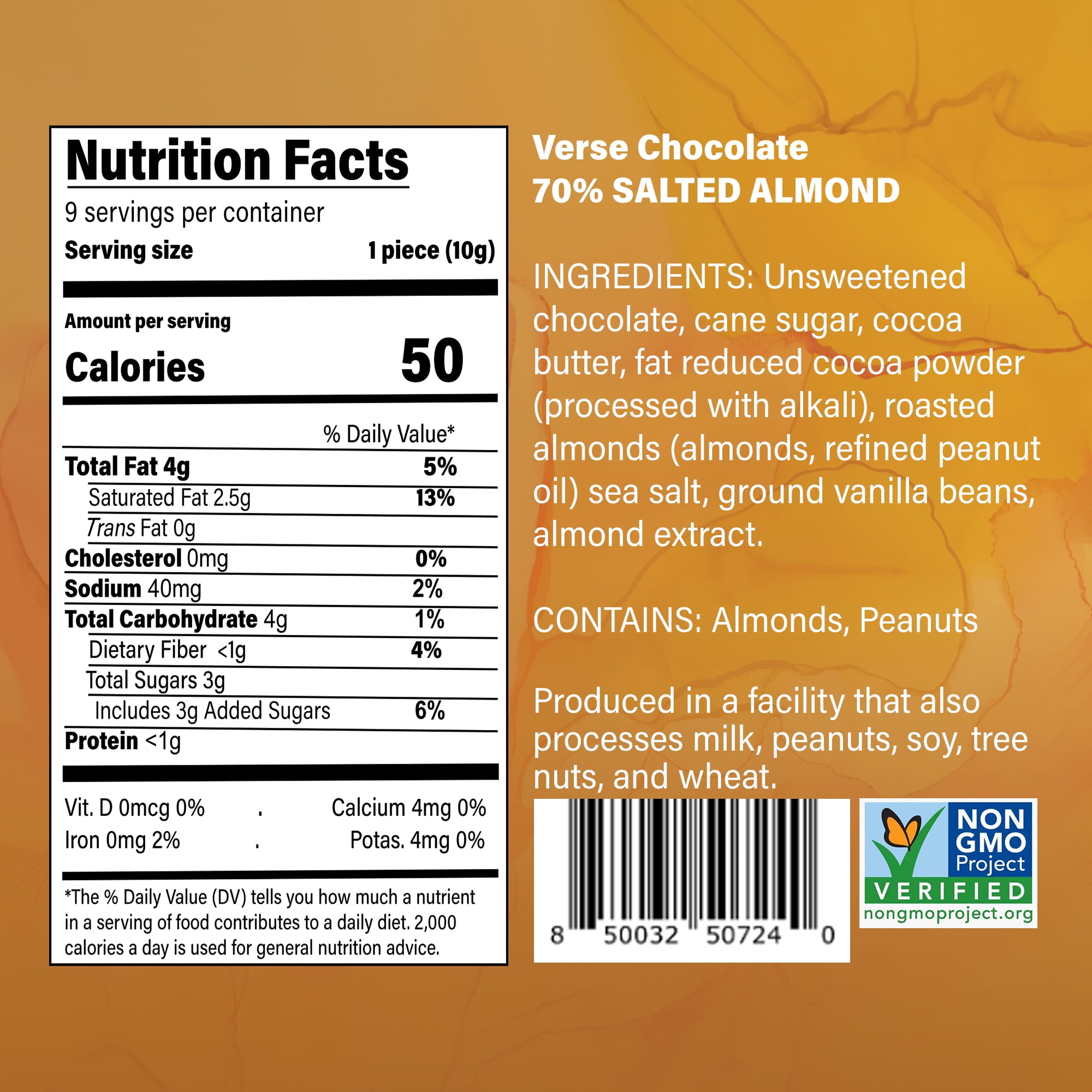 Verse 70% Dark Chocolate with Almonds - Gluten Free, Keto Low Sugar Snack - Crunchy Salted Almond - Only 3g Cane Sugar - Individually Wrapped Vegan Dark Fine Chocolates Squares (9 Count, 4 Pack)