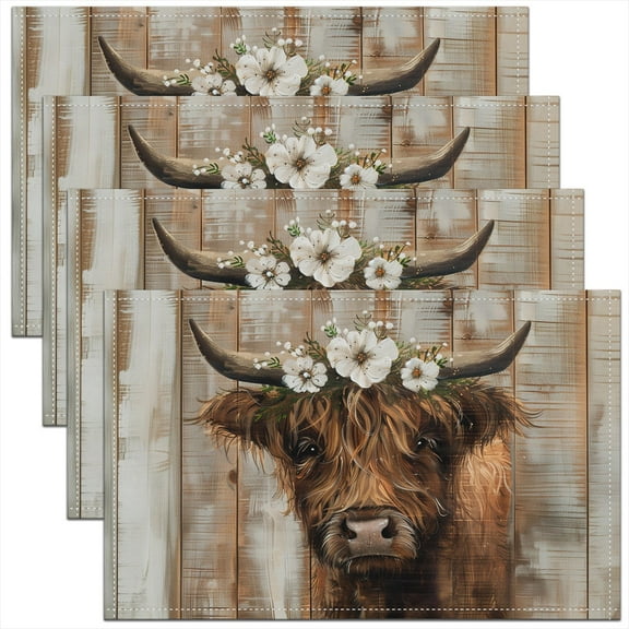 Erosebridal Highland Cow Placemats Set of 4 18"x12" Highland Cattle Placemat for Kitchen Dining Table Decor Indoor Outdoor Animal Table Place Mats Wildlife Decor Table Place Mats Brown