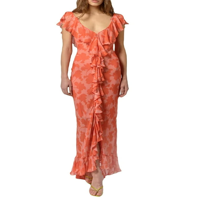 Femmes Volants Volants Manches Robe d'Été V Cou Imprimé Floral Robe de Soirée Longue