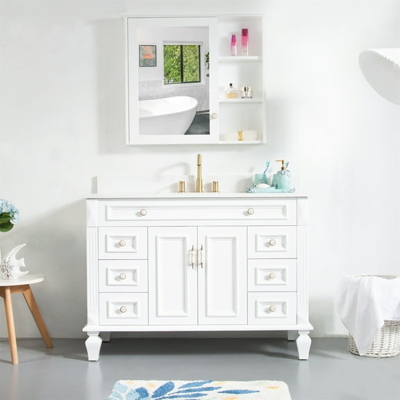 FORCLOVER 48'' Single Sink Solid Wood Bathroom Vanity Carrara White Quartz Countertop With 34" Wall-Mounted Mirror Medicine Cabinet