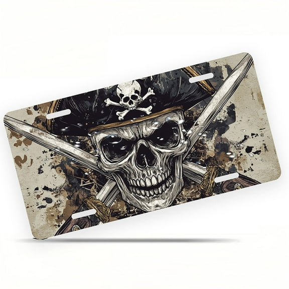 Pirate Skull with Swords Funny Personalized License Plate Rust-proof Stainless Steel Metal License Plate Suitable For Men And Women 12.2" x 6.2"