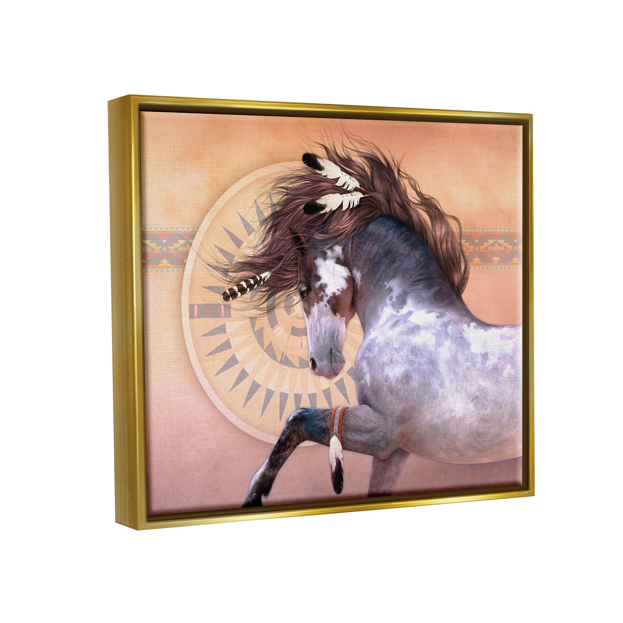 Stupell Industries Native Spirit Stallion Animals & Insects Painting Gold Floater Framed Canvas Art Print Wall Art, 21 x 17