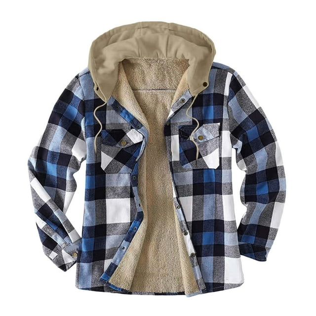 Mefallenssiah Winter Jacket for Men Men Lattice Non-Positioning Printing Long Sleeve Single-Breasted Cardigan Buttoned Keep Warm Hooded Jacket Coat