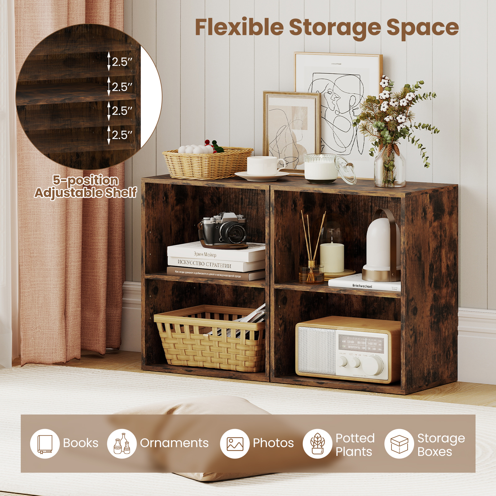 Gymax 2-Cube Bookcase w/ 5-Position Adjustable Shelf Anti-Toppling Kits for Study Rustic Brown