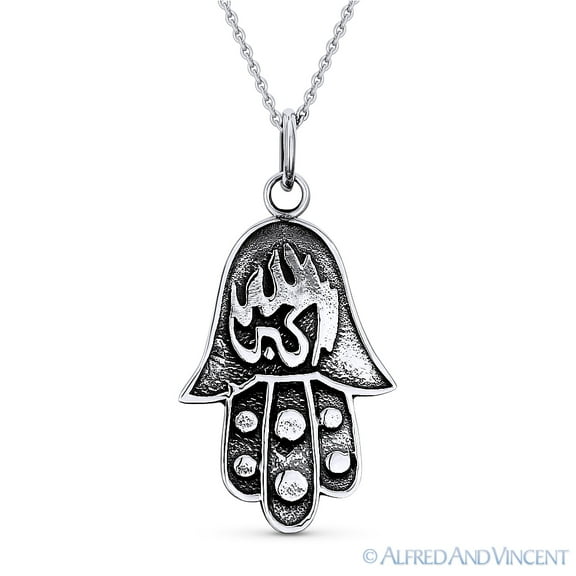 Hamsa Hand Evil Eye Charm Pendant & Chain Necklace in Antique-Style .925 Sterling Silver